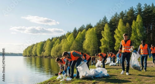 Volunteers collecting trash by the lake in bright vests