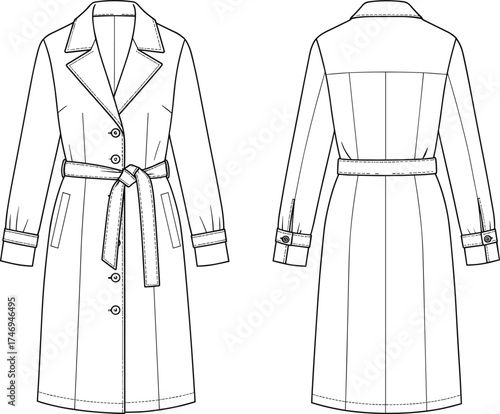 CAD drawing flat vector illustration of women’s long sleeve trench coat with belt tie waist, button closure, fashion design sketch template