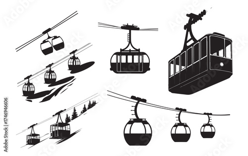 Cable Car and Gondola Silhouette Illustrations – Ski Lift Vector Graphics.