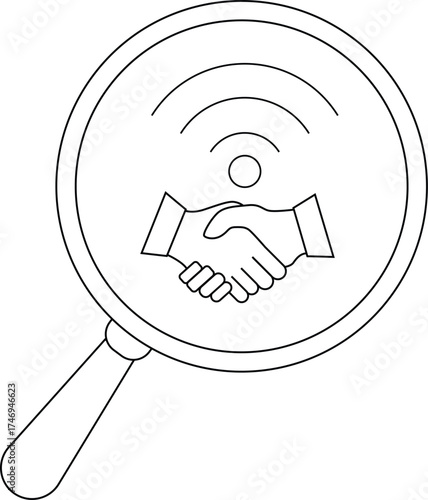 A magnifying glass encompassing a handshake icon topped with WiFi signal symbol