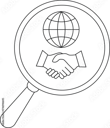 A magnifying glass enlarges a handshake and a globe symbolizing global business collaboration or scrutiny
