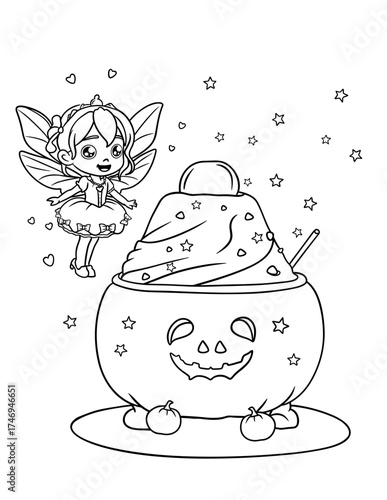 Halloween Magic Fairy Brewing Potion in Cauldron – Vector Coloring Page