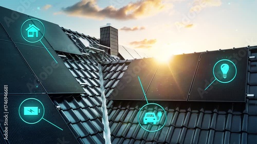 Modern roof with solar panels and smart home technology icons