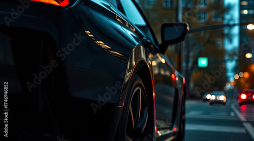 A side view of a car's taillight detail. A sleek, aggressive modern car with wide fenders.