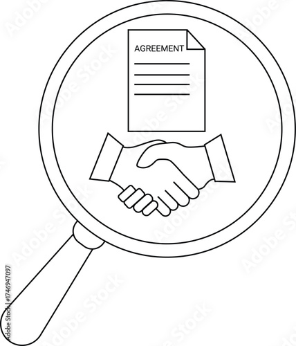A magnifying glass highlights a handshake below a document labeled Agreement