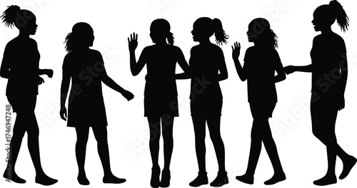 People silhouettes with ponytail, standing, gesturing, conversation, casual clothing, shorts, social interaction, posture, lifestyle, communication, gesture study, design