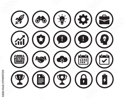 Simple bold vector icons related to start-up company. Symbols such as rocket, binocular and other start-up related items are included in this set.