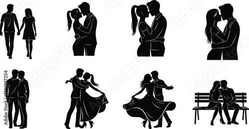 Romantic couple silhouettes in affectionate poses—walking, kissing, dancing, sitting—ideal for love-themed vector design and emotional illustration
