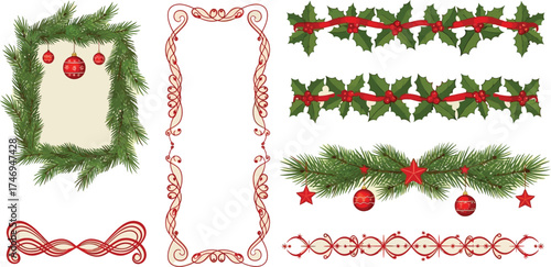 Festive Holiday Elements with Pine Branches, Holly, Baubles on White