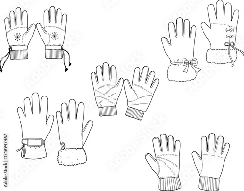 Collection of winter gloves front and back view, detailed fashion accessories with cuffs, bows and stitching, CAD drawing flat vector illustration template