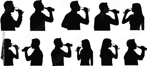 Silhouettes of people drinking from bottles and glasses in side profile for lifestyle, posture study, and vector illustration design