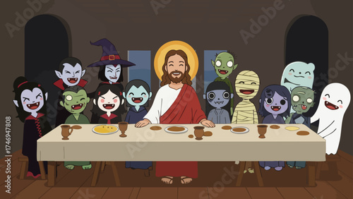 Halloween Parody of The Last Supper – Jesus Surrounded by Spooky Characters in Humorous Dining Scene