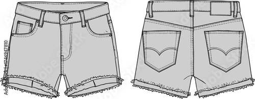Denim shorts fashion sketch, technical garment drawing front and back view, frayed hem detail, cad drawing flat vector illustration for apparel design