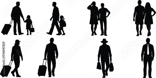 Travel and lifestyle silhouettes of people with luggage, shopping bags, children, and companions for vector design and posture illustration