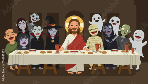 Halloween Last Supper Parody – Jesus and Friendly Spooky Characters Dining Together in Whimsical Illustration