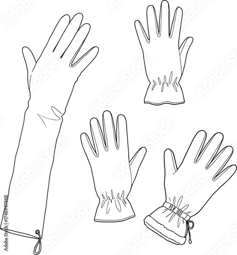 Different glove styles front view collection with elastic wrist, drawstring detail, long cuff and fur trim design, CAD drawing flat vector illustration