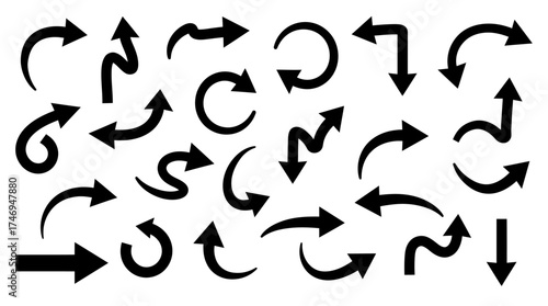 A collection of various black arrow silhouettes vector.