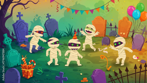 Dancing Mummies in Colorful Graveyard Party – Playful Halloween Cartoon Illustration with Candy, Balloons, and Festive Decor