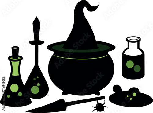 Halloween Witchcraft Vector Set with Cauldron and Potion Bottles