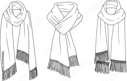 Elegant scarf design front view with lace fringe detailing and soft drape folds, winter fashion accessory CAD drawing flat vector illustration