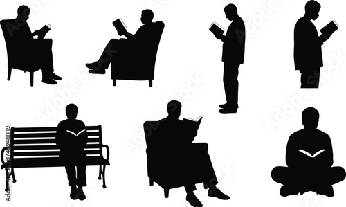 Reading silhouettes, people with books, sitting and standing, literacy lifestyle, study habits, black figures, relaxation, education, learning, contemplative reading posture