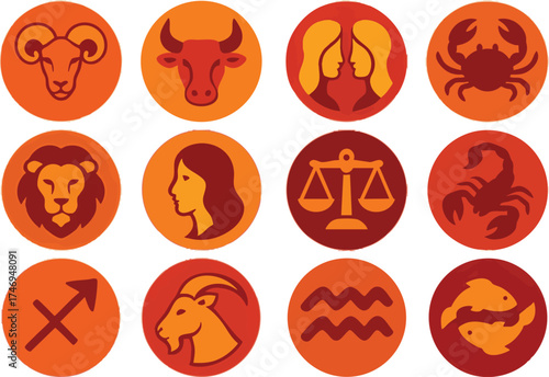 12 zodiac icons on a vector sheet, clean layout, solid colors only, no gradients, sharp lines, consistent style, balanced grid, high-quality vector illustration, scalable SVG, no texture or blur.