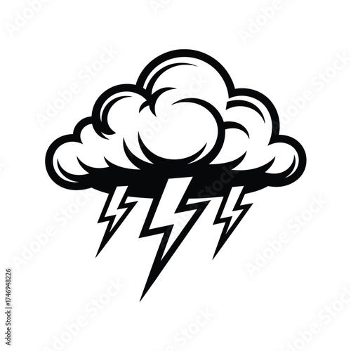 Stylized black and white cloud with lightning bolts illustration