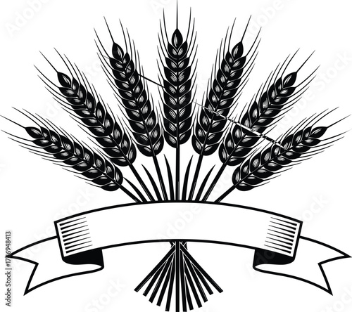 Wheat bundle silhouette with decorative ribbon banner for harvest, agriculture, organic food, and farm-themed vector illustration design