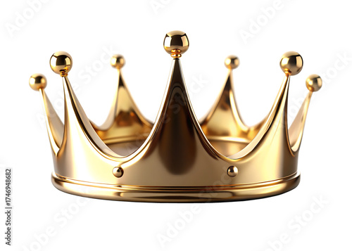 A regal and ornate golden crown with pointed peaks and spherical finials against a stark black background