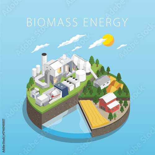 Isometric View of Biomass Energy: Renewable energy from nature
