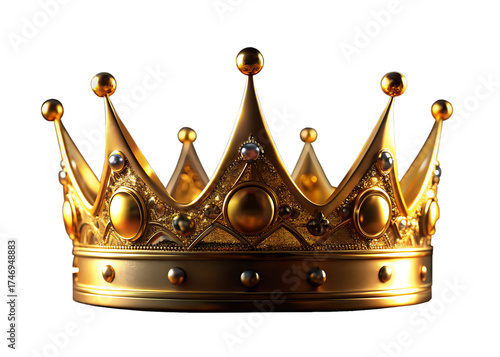 An ornate golden royal crown with intricate detailing and pointed jewels against a stark black background