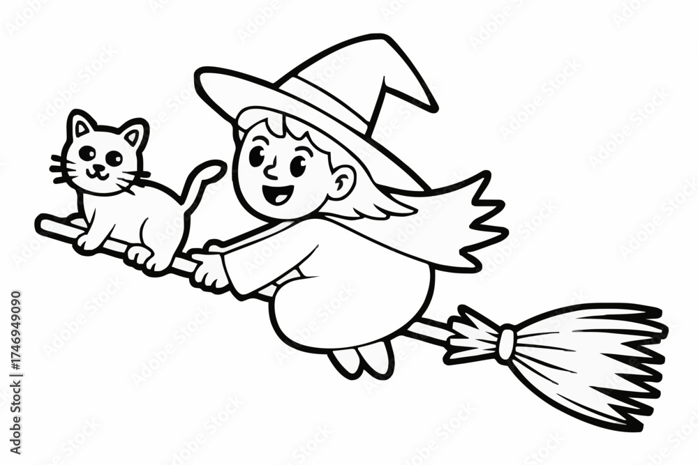 Fototapeta premium Cute Witch Flying on Broom with Cat Cartoon Vector – Black and White Line Art Generative AI
