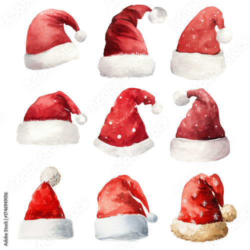 Set of watercolor Christmas Santa Claus hats on transparent background