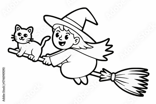 Cute Witch Flying on Broom with Cat Cartoon Vector – Black and White Line Art Generative AI