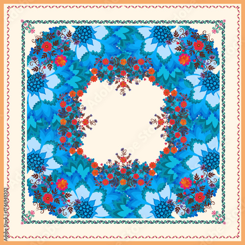 Fabulous print for tablecloth, scarf and napkin with floral pattern and decorative paisley frames on white background. Beautiful pattern