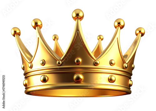A majestic golden royal crown adorned with spherical jewels on a stark black background