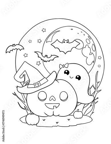 Halloween Magic Cute Ghost Hiding Behind Pumpkin under Full Moon – Vector Coloring Page