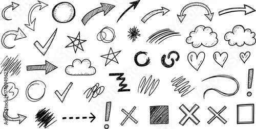 Hand Drawn Arrows, Hearts, Stars, Circles, Clouds, Squares With White Background