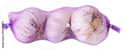 Three Garlic Heads in Purple Mesh Bag cut out