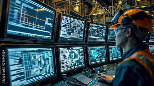 Engineer monitoring multiple digital control panels in industrial facility, managing complex system operations with advanced technology and data