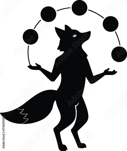 Cartoon fox silhouette juggling five balls, whimsical anthropomorphic animal illustration, surreal fantasy artwork, symbolic playful design concept for creative storytelling