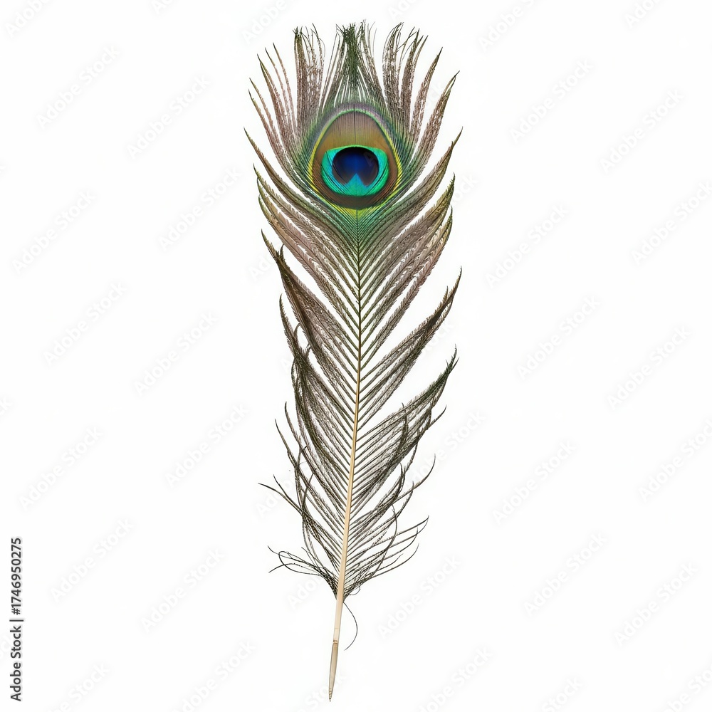 Fototapeta premium Vibrant Peacock Eye Feather Isolated Vertically on Pure White Background