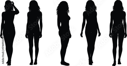 Silhouettes of person with curly hair, standing poses, front view, side view, three‑quarter view, casual posture, anatomy, fashion, design
