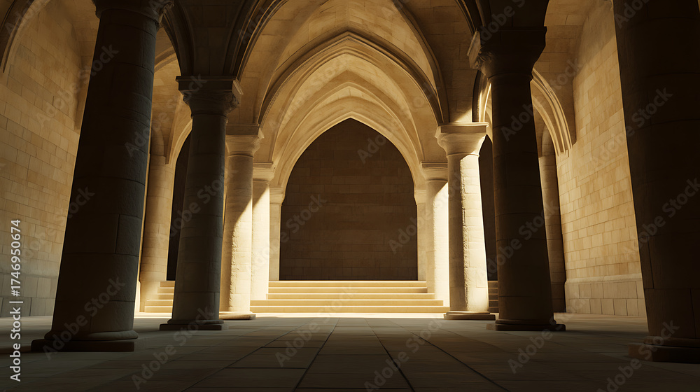 Fototapeta premium A grand hall with stone arches and columns, illuminated by soft natural light. The architecture evokes a sense of timeless elegance and architectural prowess.