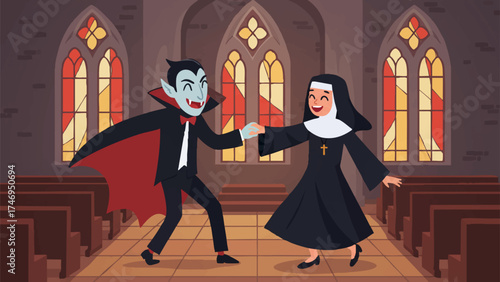 Vampire and Nun Dancing in Church – Humorous Halloween Cartoon Illustration with Stained Glass Windows, Wooden Pews, and Whimsical Contrast