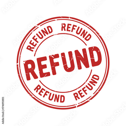 Red refund stamp graphic with circular text