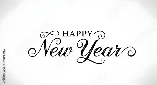 Elegant Happy New Year typographic greeting on clean white background with classic script lettering