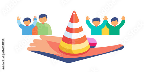 Possible use for association or volunteer community. Voluntary assistance cone. Expression of joy. Voting or election concept. Community of multi-ethnic and multicultural people. Racial equality. Coop