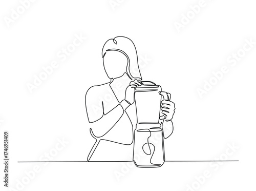 Woman make juice in single outline illustration. Continuous line art drawing of Young woman holds juicer. Editable stroke.