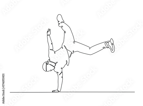 Young street dancer freestyle in single outline illustration. Continuous line art drawing of young dancer in freestyle break-dance movement. Editable stroke.